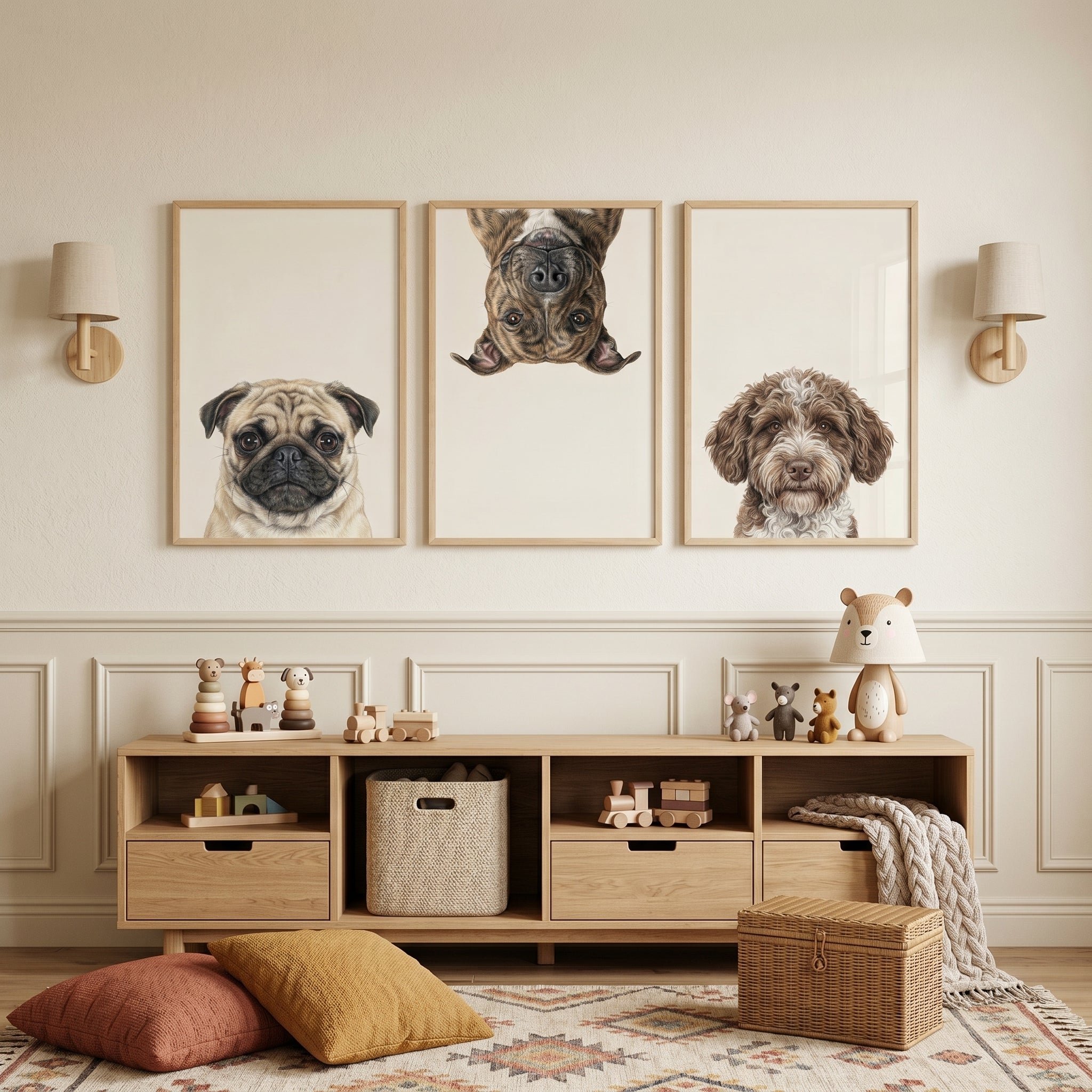 Realistic Neutral Pet Dog Wall Art Set of 3 - Curious Canine Trio