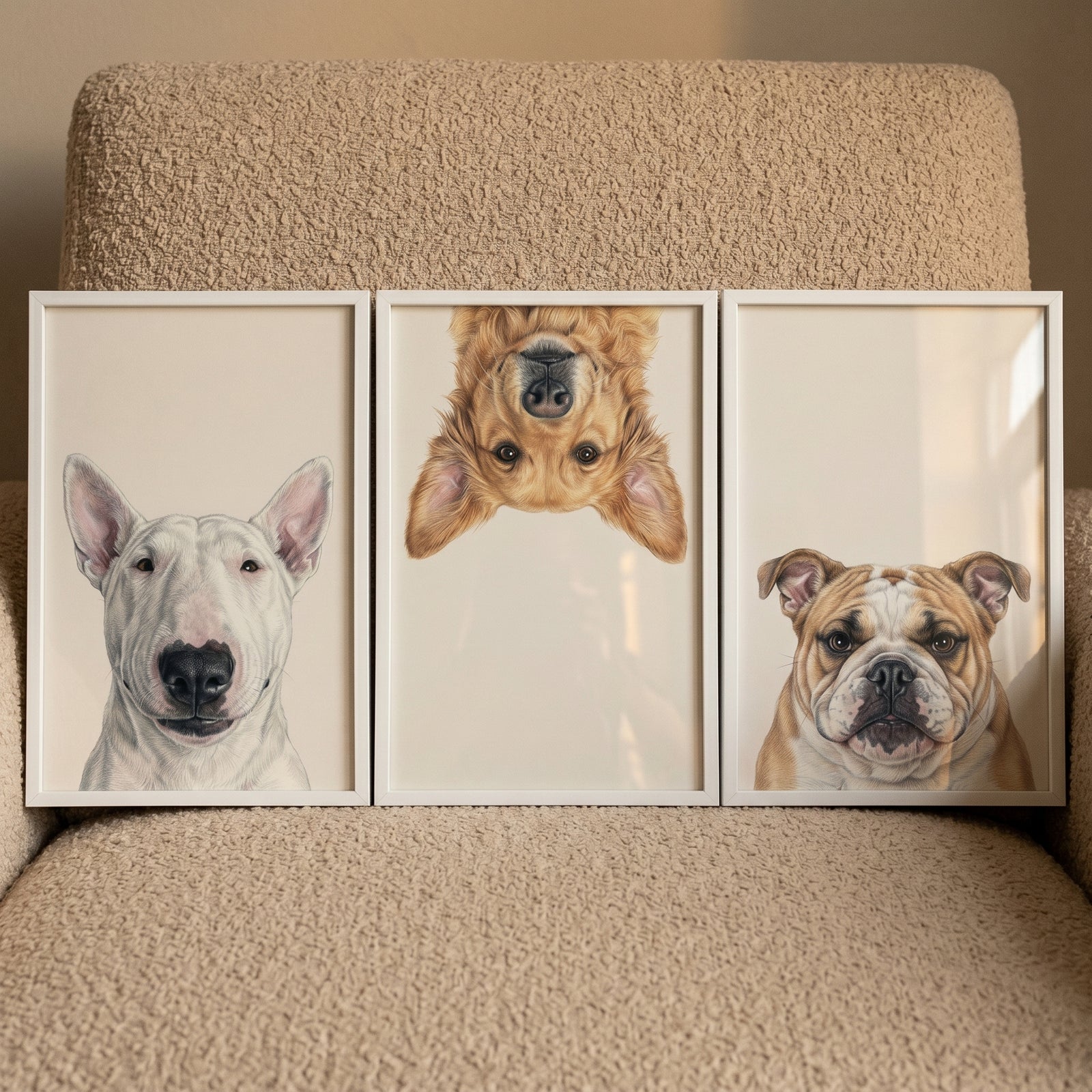 Realistic quirky pet dog wall art set of 3 featuring a Bull Terrier, upside-down Golden Retriever, and Bulldog.