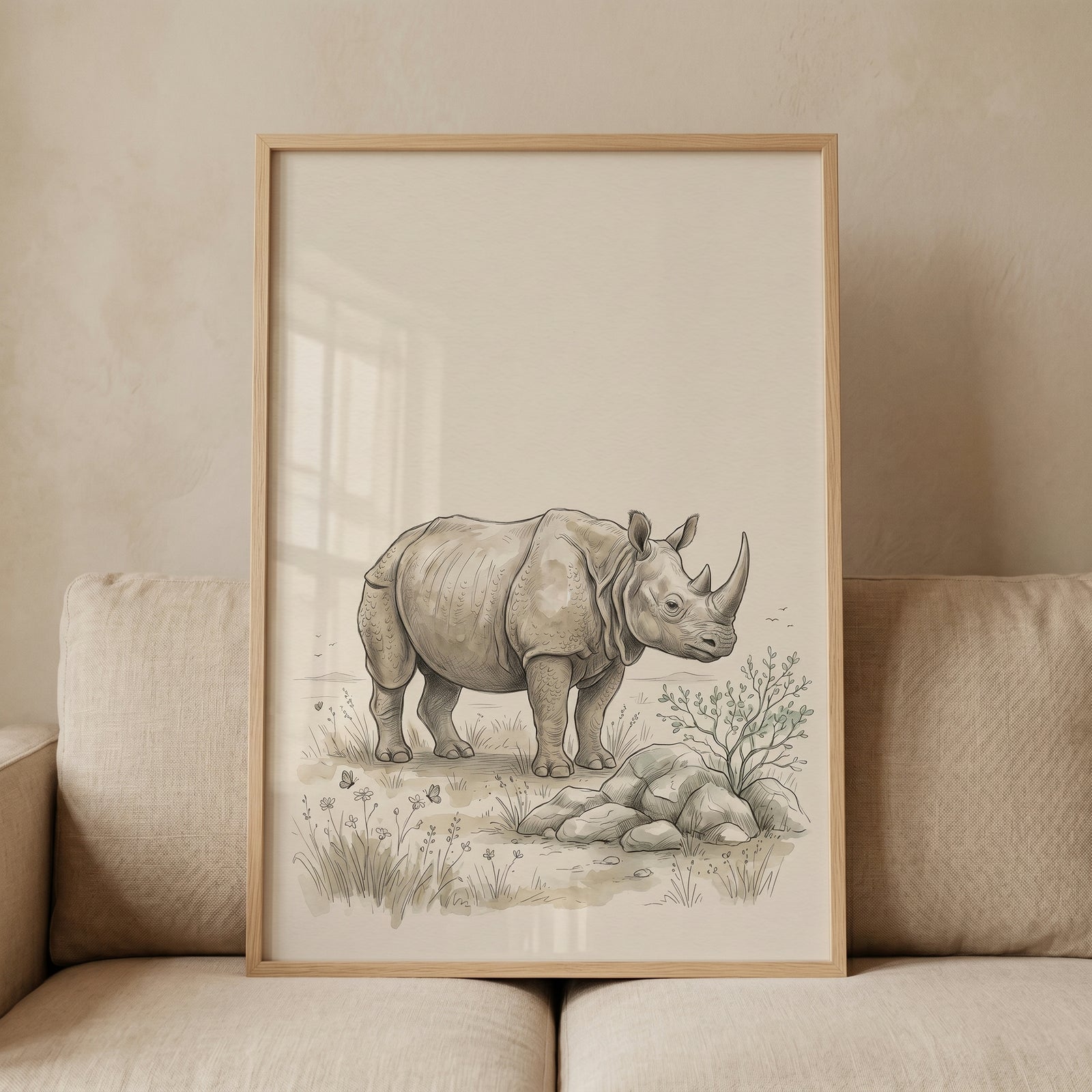 Realistic rhino wall art featuring a rhinoceros in a desert landscape with rocks, displayed in a thin wooden frame.