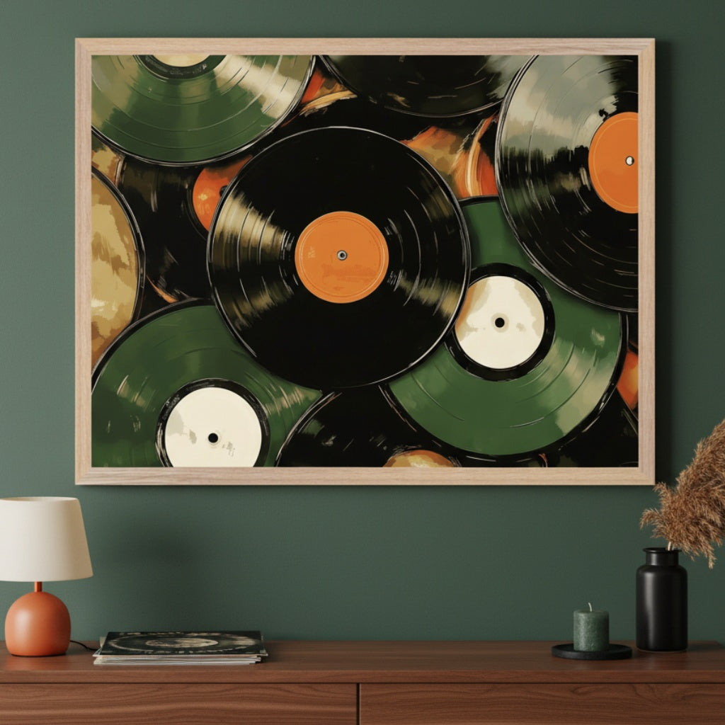 Modern room with a brown wooden dresser. A large framed print of overlapping black and green vinyl records with orange and white labels hangs centered above the dresser.