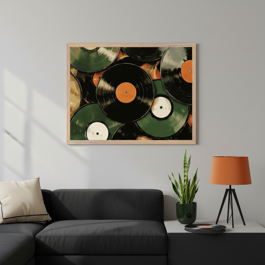 Modern living room with a dark gray L-shaped sectional sofa. A framed artwork of overlapping green, black, and orange vinyl records hangs above the sofa. A potted plant and orange table lamp are on a side table.