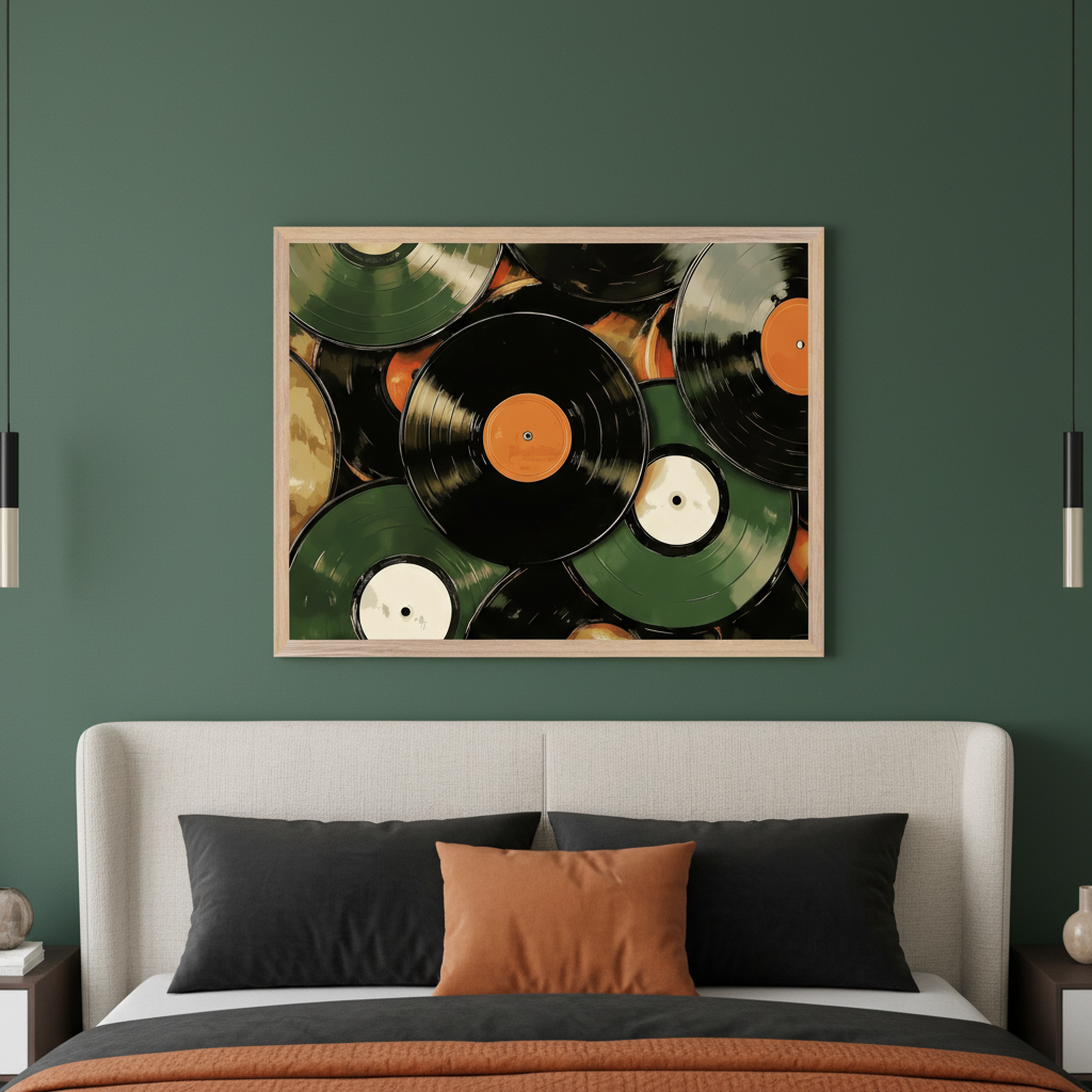 Modern bedroom with a light gray upholstered bed and headboard against a dark green wall. A framed art piece of green and black vinyl records with orange and white labels, in an illustrative style, hangs centered above the bed.