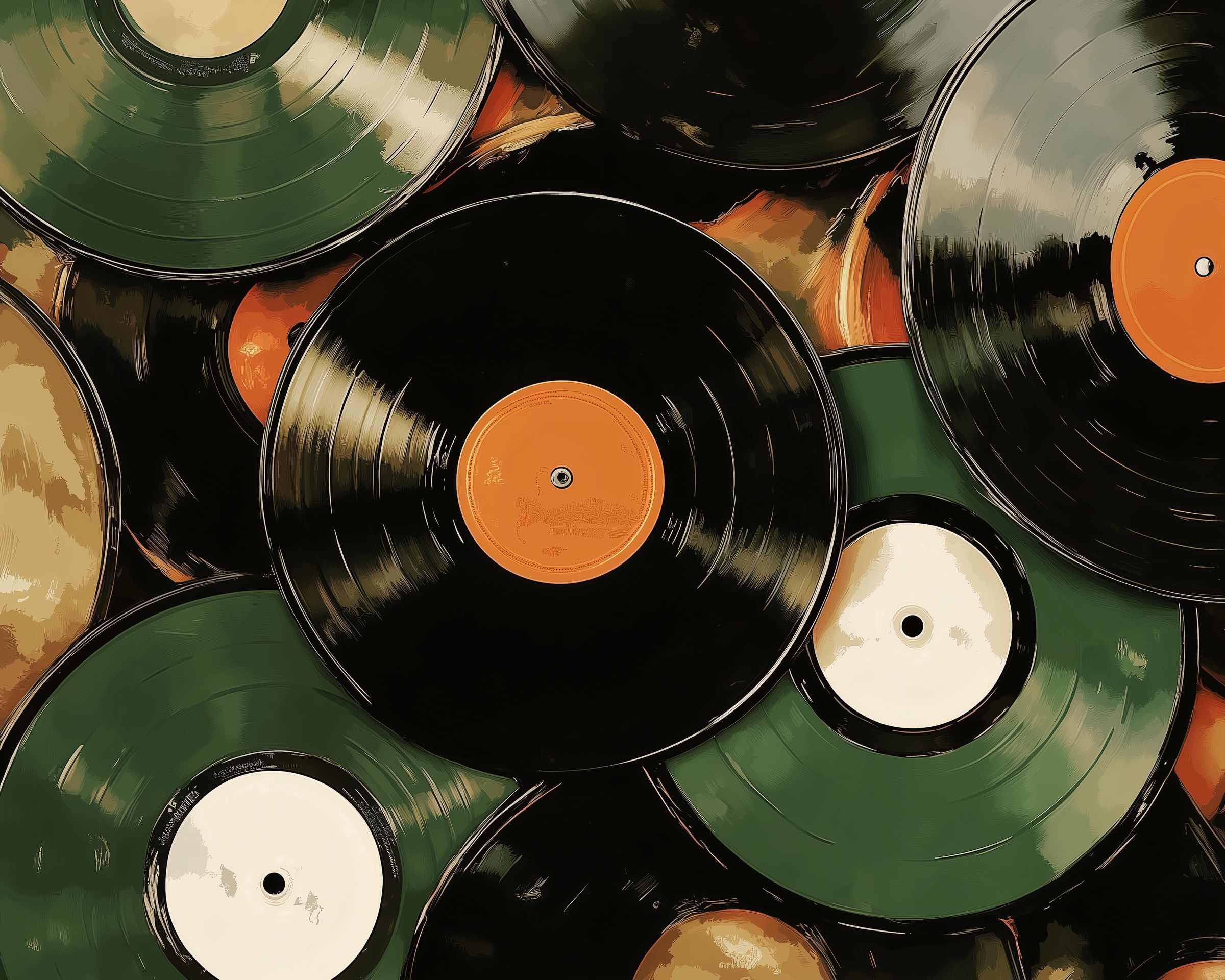 A scattered collection of vintage vinyl records features various colors like green, black, and orange in a retro-inspired illustration. The nostalgic design captures the timeless appeal of analog music and record collecting.
