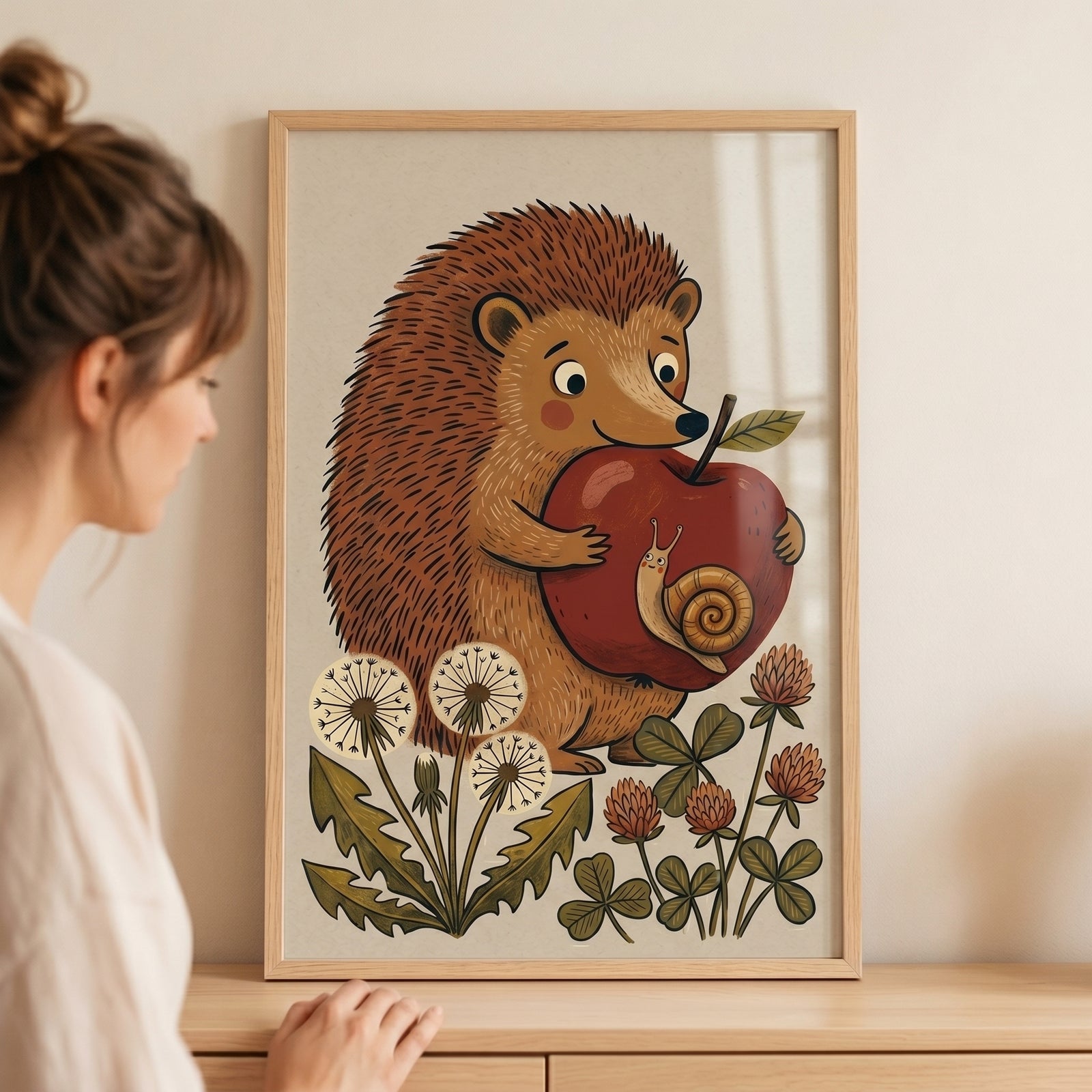 A woman views red apple holding hedgehog wall art featuring a cute animal, snail, dandelions, and clover flowers.