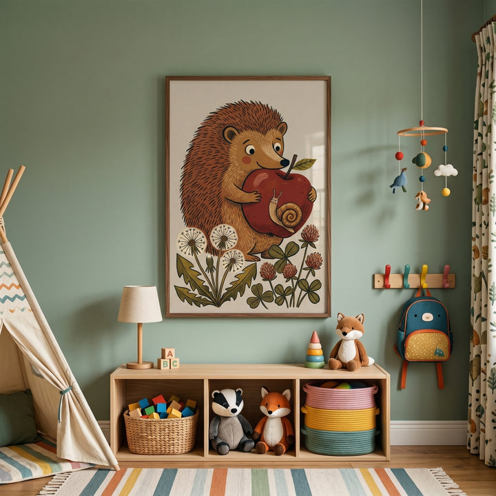 Red apple holding hedgehog wall art hangs in a green nursery with a toy shelf, plush animals, and a canvas teepee.