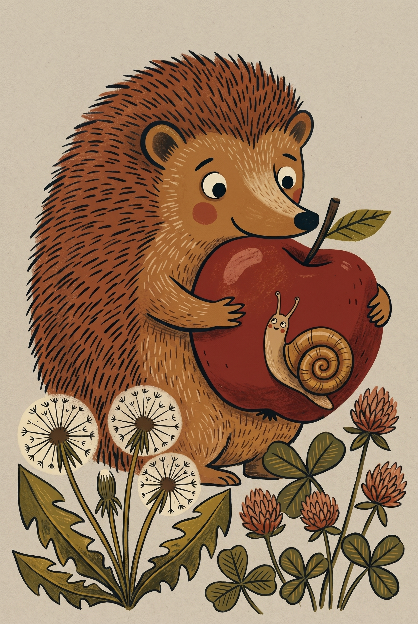 Red Apple Holding Hedgehog Wall Art - Woodland Apple Friends