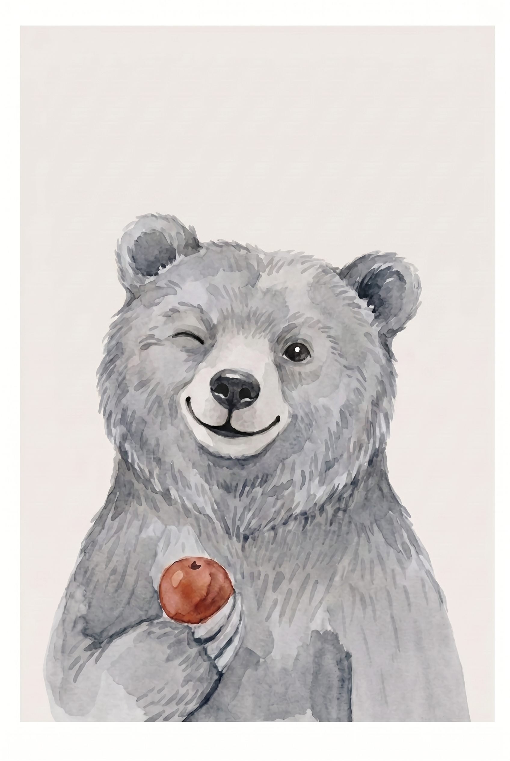 Red Apple Winking Bear Artwork - Winking Forest Bear