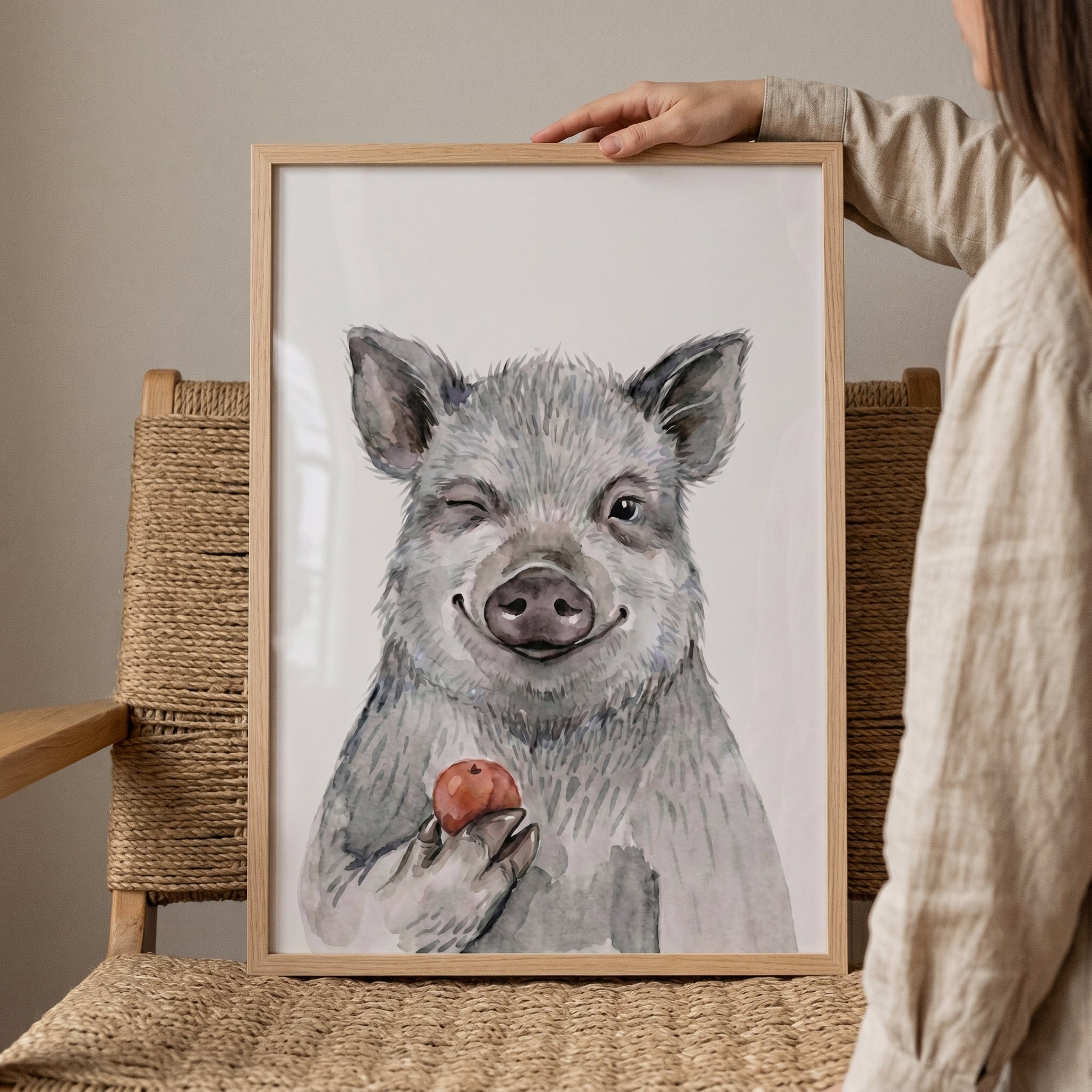 Red Apple Winking Pig Wall Art - Winking Wild Boar