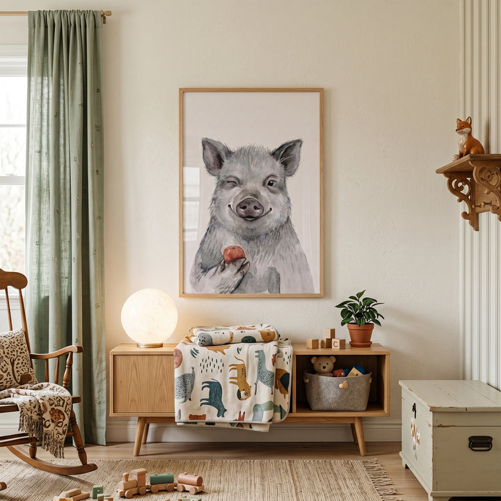 Red apple winking pig wall art in a nursery with a rocking chair, wooden console, toys, and sage green curtains.