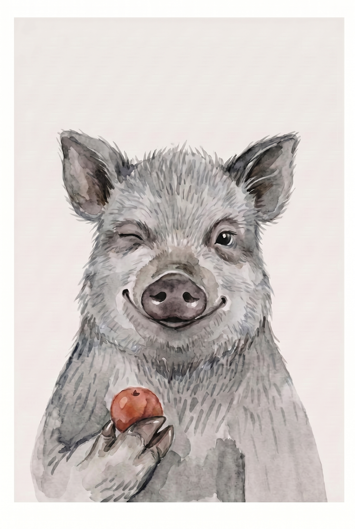 Watercolor red apple winking pig wall art depicts a smiling grey pig holding fruit with one eye shut.