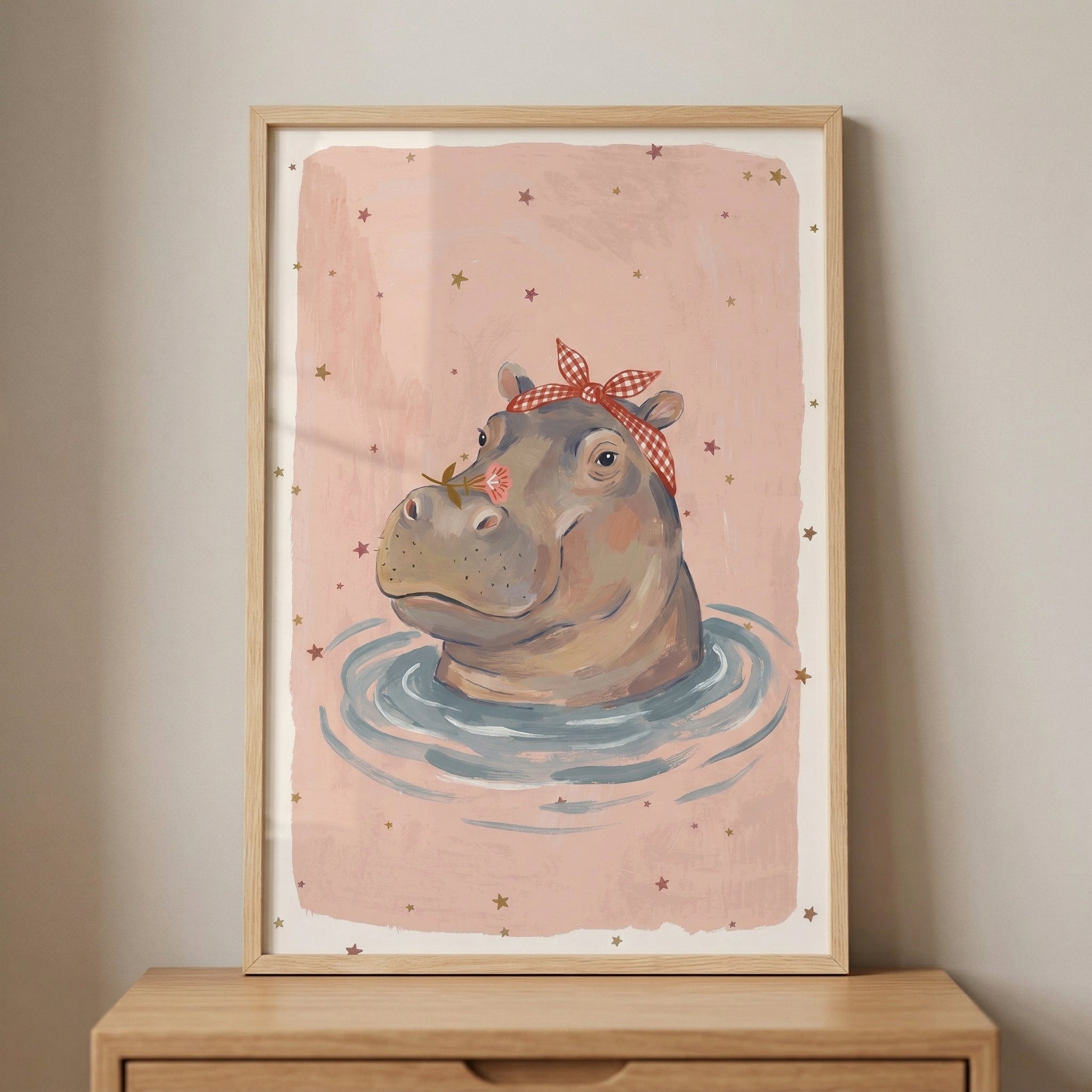 Red Bow Hippo Wall Art - Sweet Hippo Bloom