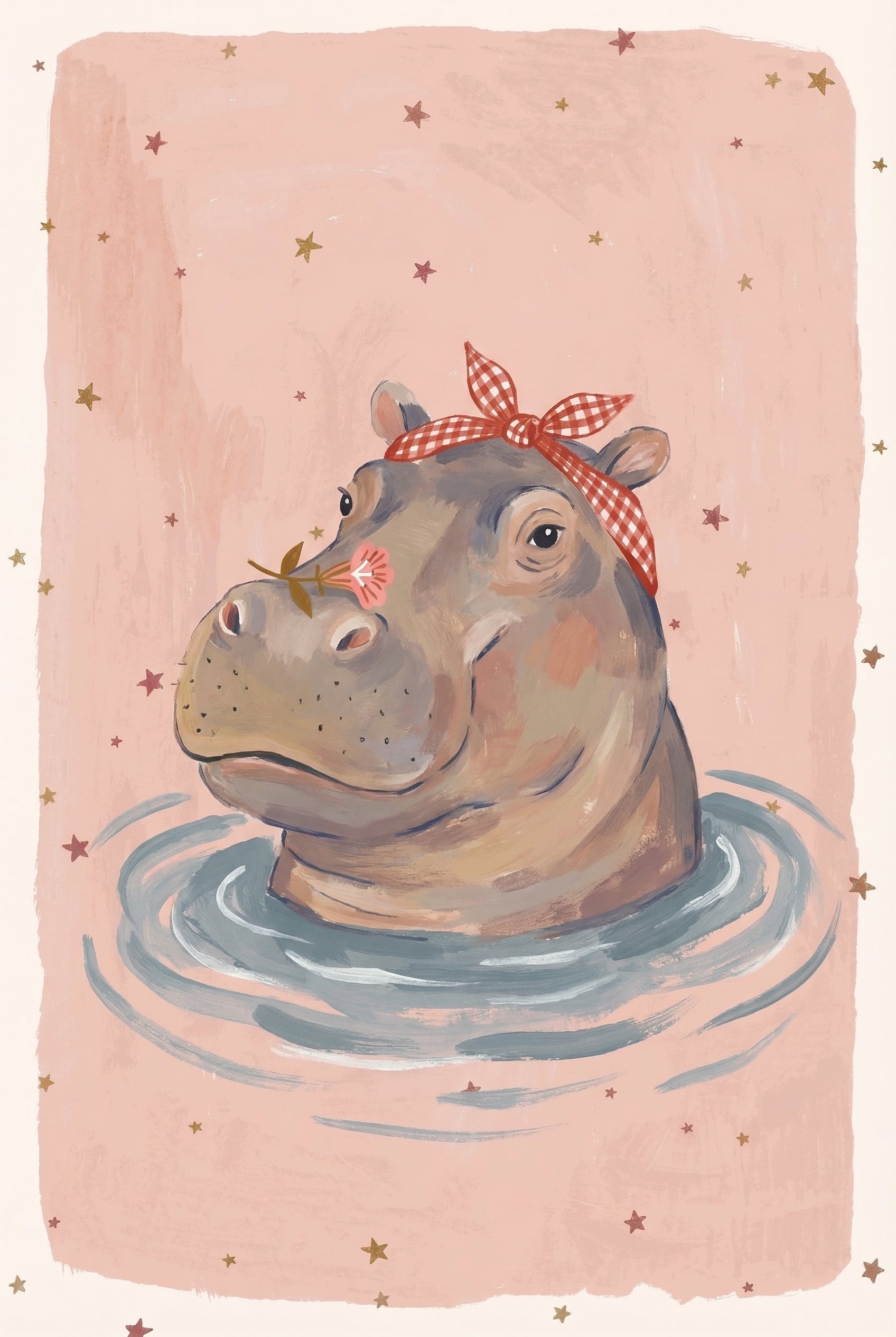 Red Bow Hippo Wall Art - Sweet Hippo Bloom