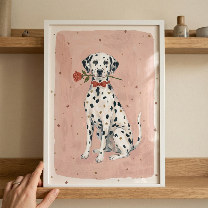 An illustration of a spotted dog, specifically a Dalmatian, sitting and holding a single red rose by its stem in its mouth. The dog is also wearing a small red bow tie around its neck. It is set against a soft, textured pink background decorated with several small, golden stars. This charming piece is housed in a simple white frame and is shown resting on a light-colored wooden shelf. A hand with a silver ring is partially visible on the bottom left, holding the edge of the frame.