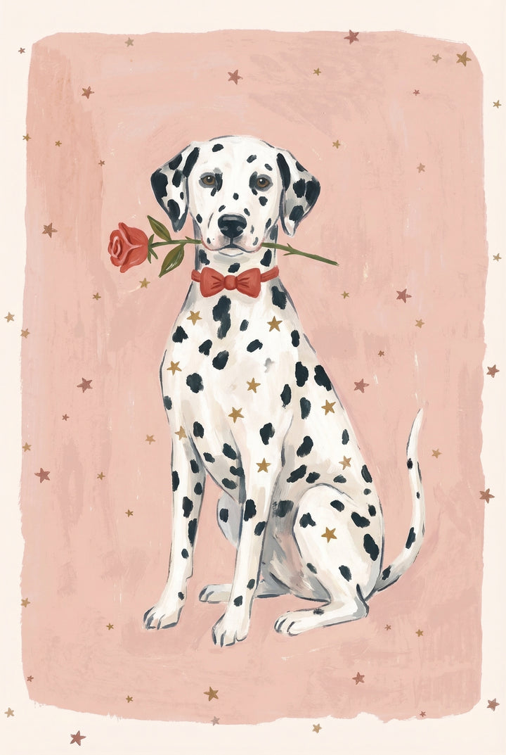 Dalmatian dog sitting with a red bow tie and a red rose held gently in its mouth against a soft pink background with scattered gold stars creating a sweet romantic feel.