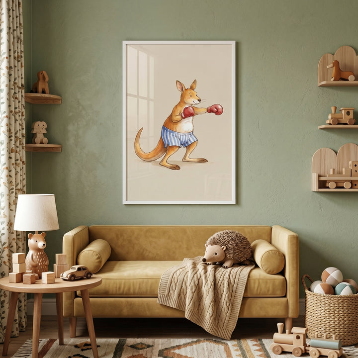 Red boxing gloves kangaroo wall art hangs in a green nursery above a yellow sofa with wooden toys and a plush hedgehog.