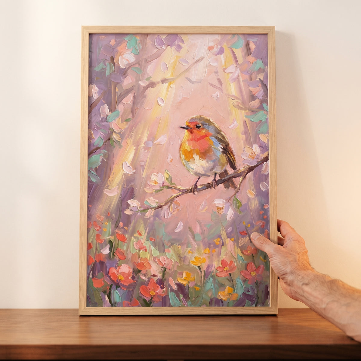 Framed red breasted robin bird wall art shows a bird on a branch with pink blossoms and sunbeams over orange flowers.