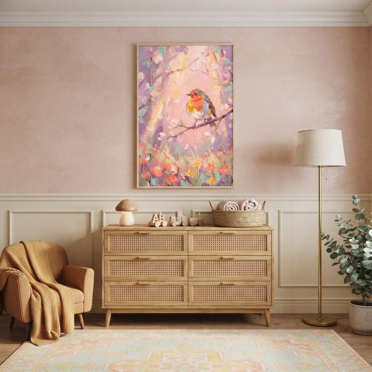 Red Breasted Robin Bird Wall Art - Soft Meadow Robin