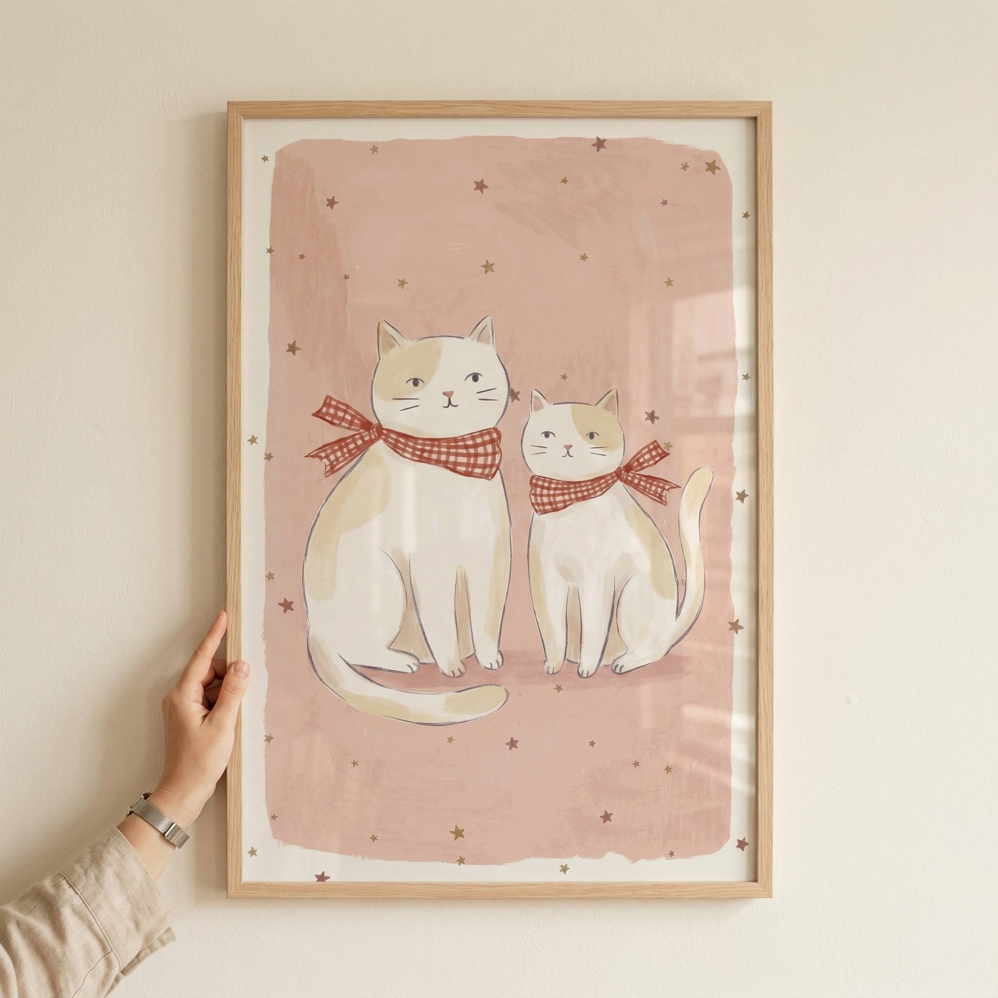 Red Check White Cat Wall Art - Starry Feline Friends