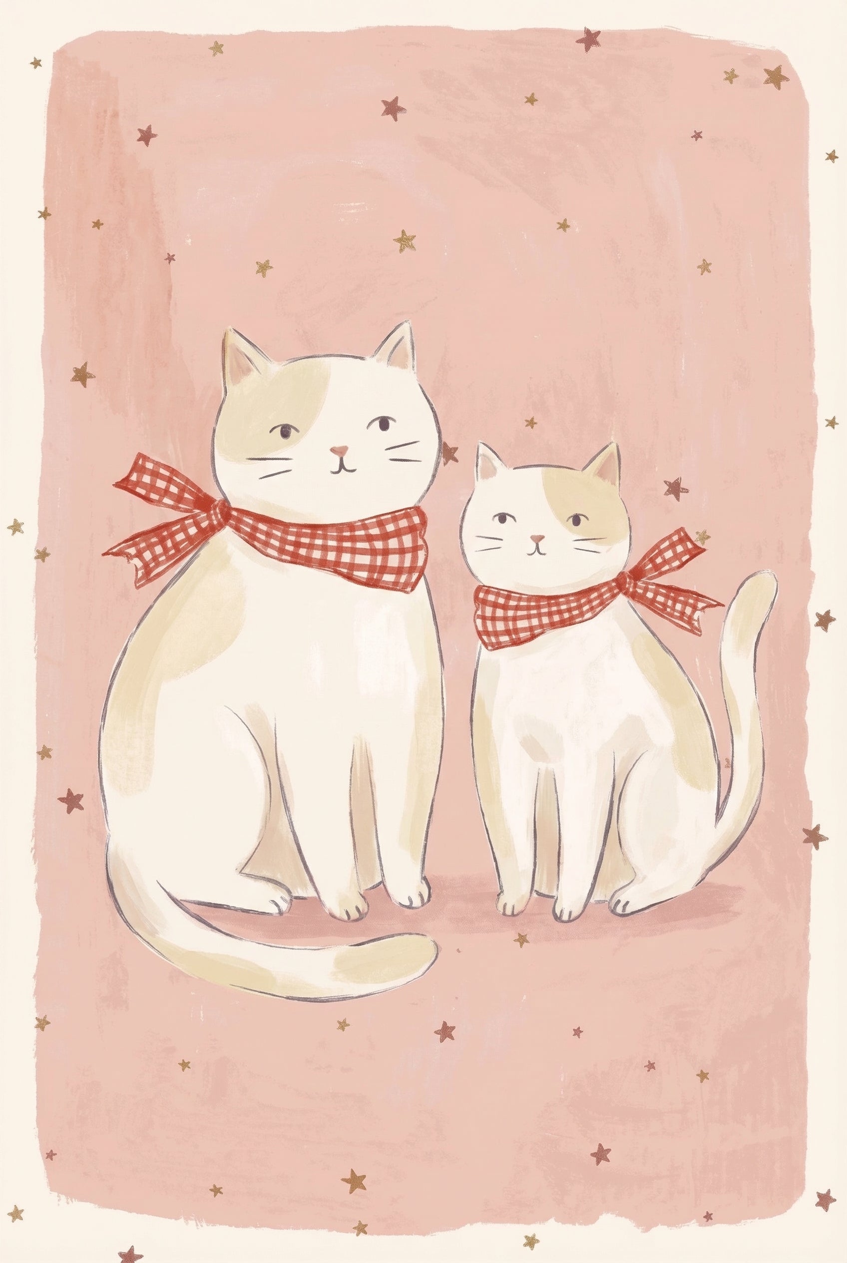 Red Check White Cat Wall Art - Starry Feline Friends