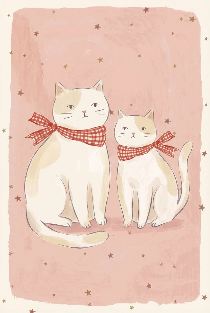Illustration of two cream colored cats sitting side by side wearing red checkered scarves against a soft pink background with scattered stars. The simple hand painted style and matching scarves give the pair a sweet and cozy storybook feel suitable for nursery decor.