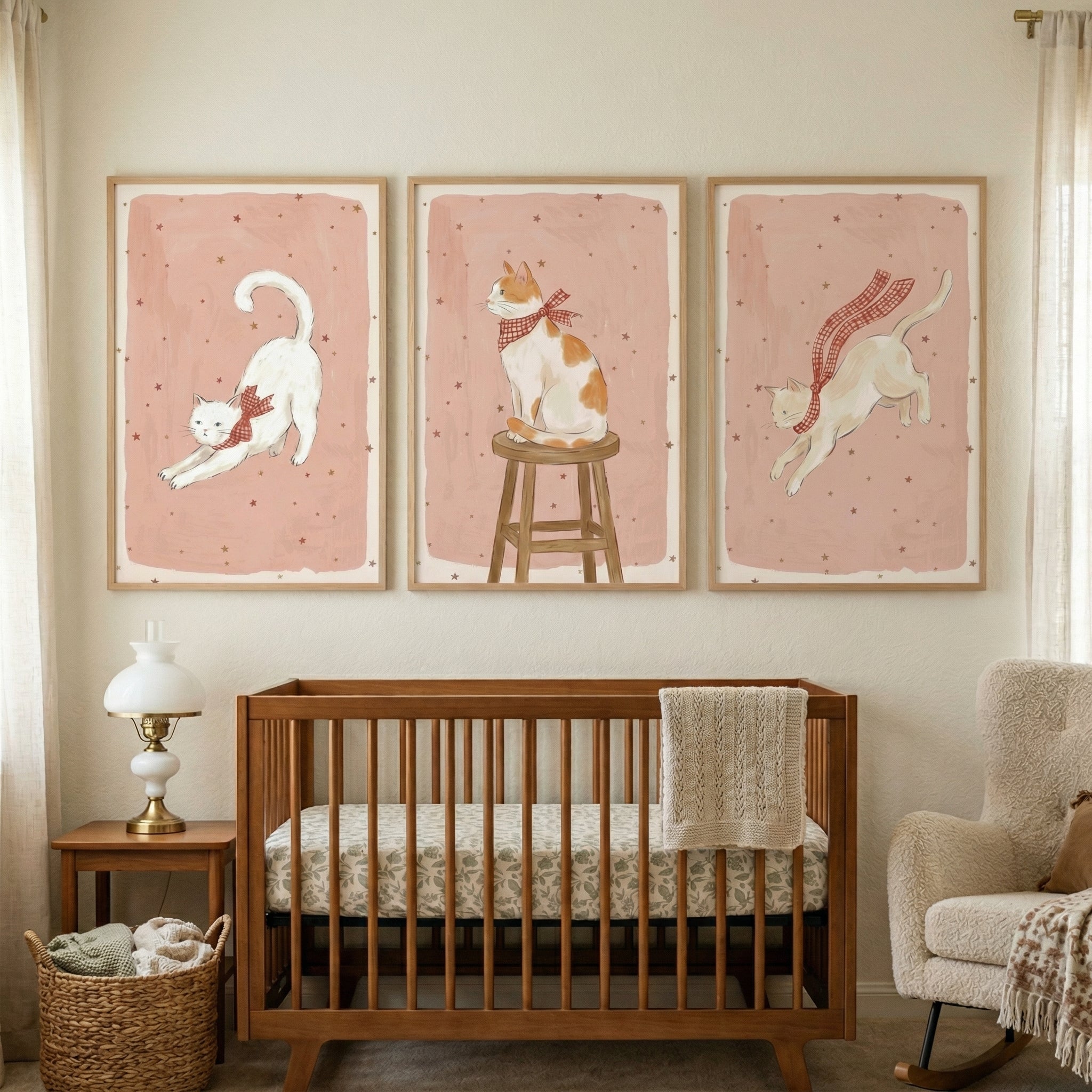 Red Checkered Bow Cat Wall Art Set of 3 - Whimsical Kitten Trio