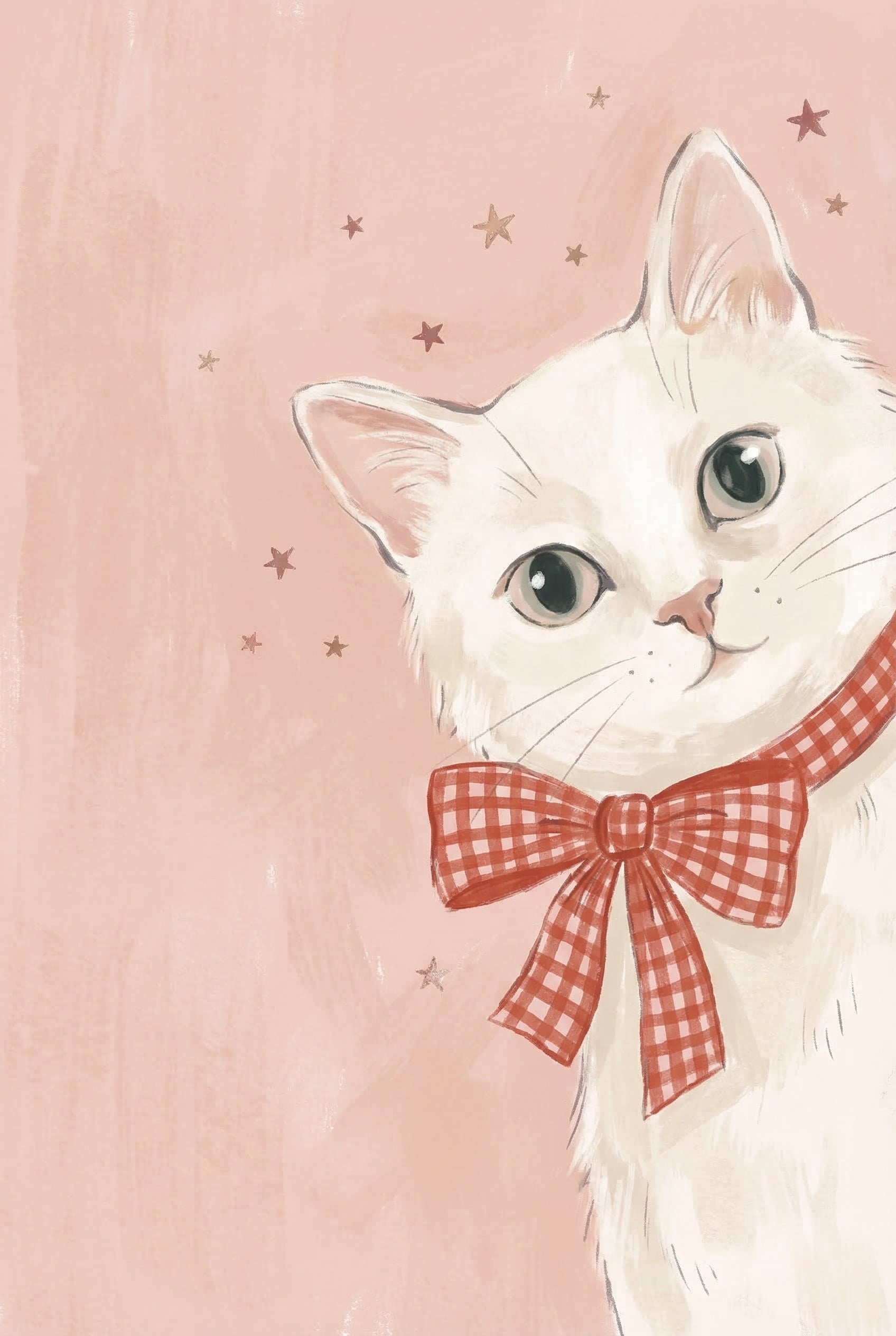 Red Checkered Bow Cat Wall Art - Starlit White Kitten