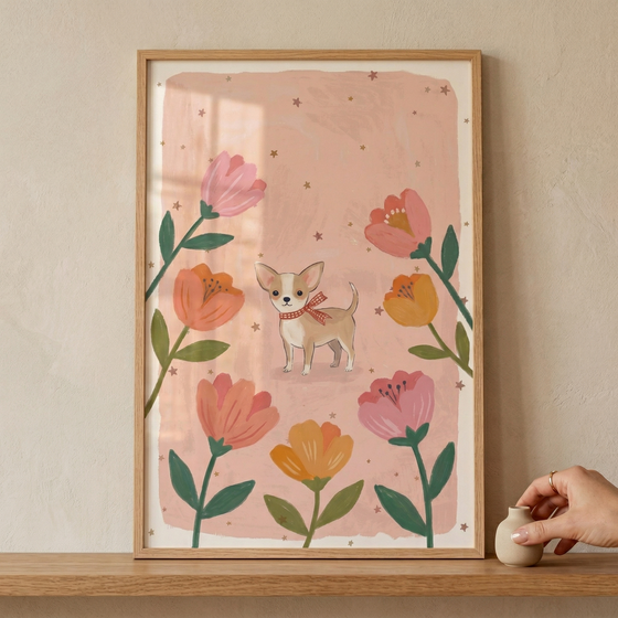 A vertical framed illustration features a small, tan and white short-haired dog standing in the center. The dog has large, pointed ears and is wearing a red and white checkered neck scarf. Surrounding the dog are several large, stylized flowers in shades of coral, orange, and soft pink, each with dark green leaves and stems. The background is a textured light peach hue, embellished with many tiny, scattered gold stars. 