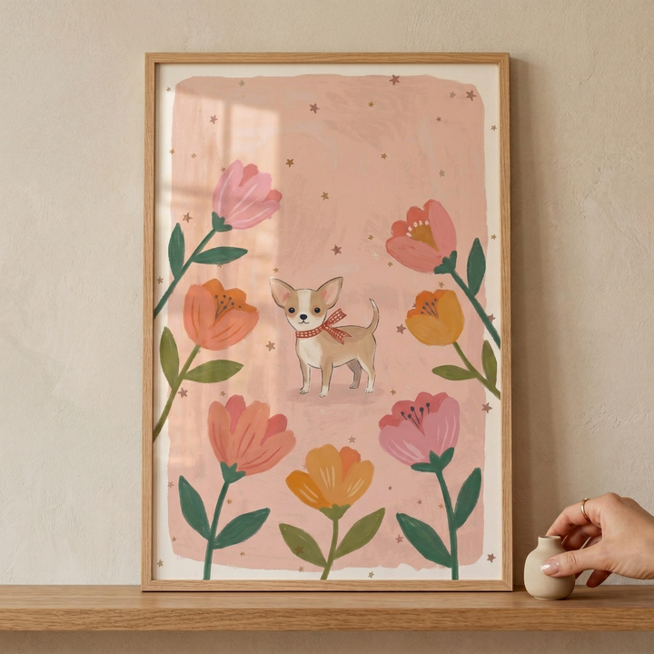 A vertical framed illustration features a small, tan and white short-haired dog standing in the center. The dog has large, pointed ears and is wearing a red and white checkered neck scarf. Surrounding the dog are several large, stylized flowers in shades of coral, orange, and soft pink, each with dark green leaves and stems. The background is a textured light peach hue, embellished with many tiny, scattered gold stars. 