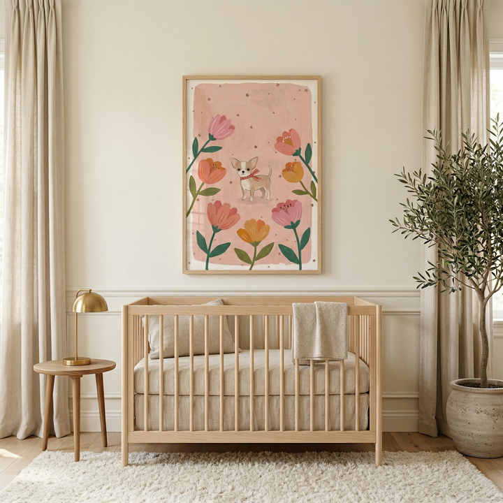 A serene nursery features a light-colored wooden crib with neutral beige bedding. Above the crib, a piece of framed wall art shows an illustration of a small tan dog with a red collar, surrounded by large stylized pink and orange flowers on a soft pink background. To the left, a small round wooden table holds a modern gold lamp. On the right, a large potted tree with silver-green leaves stands near long beige curtains. 