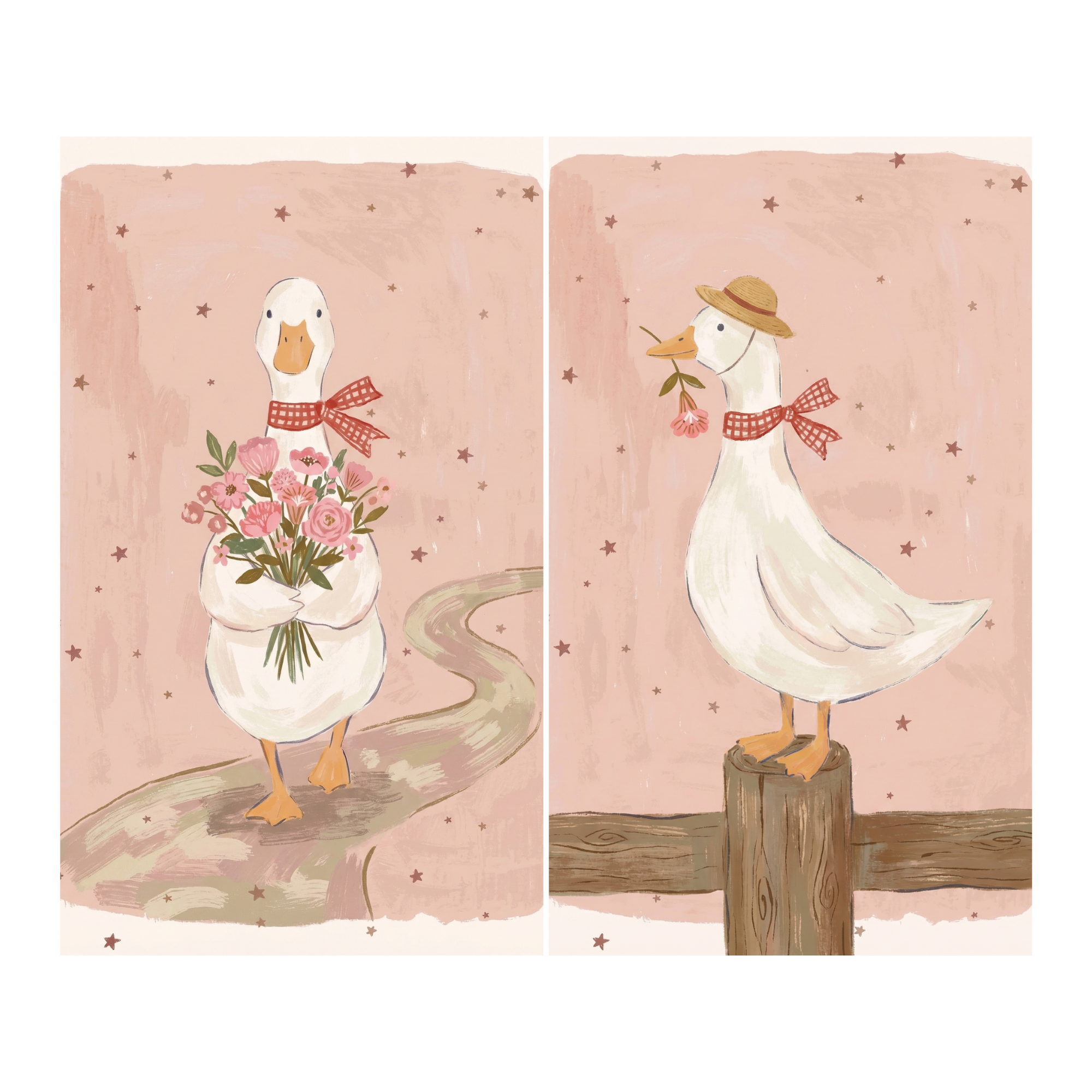 Red Checkered Bow Goose Wall Art Set of 2 - Dainty Duckling Duo