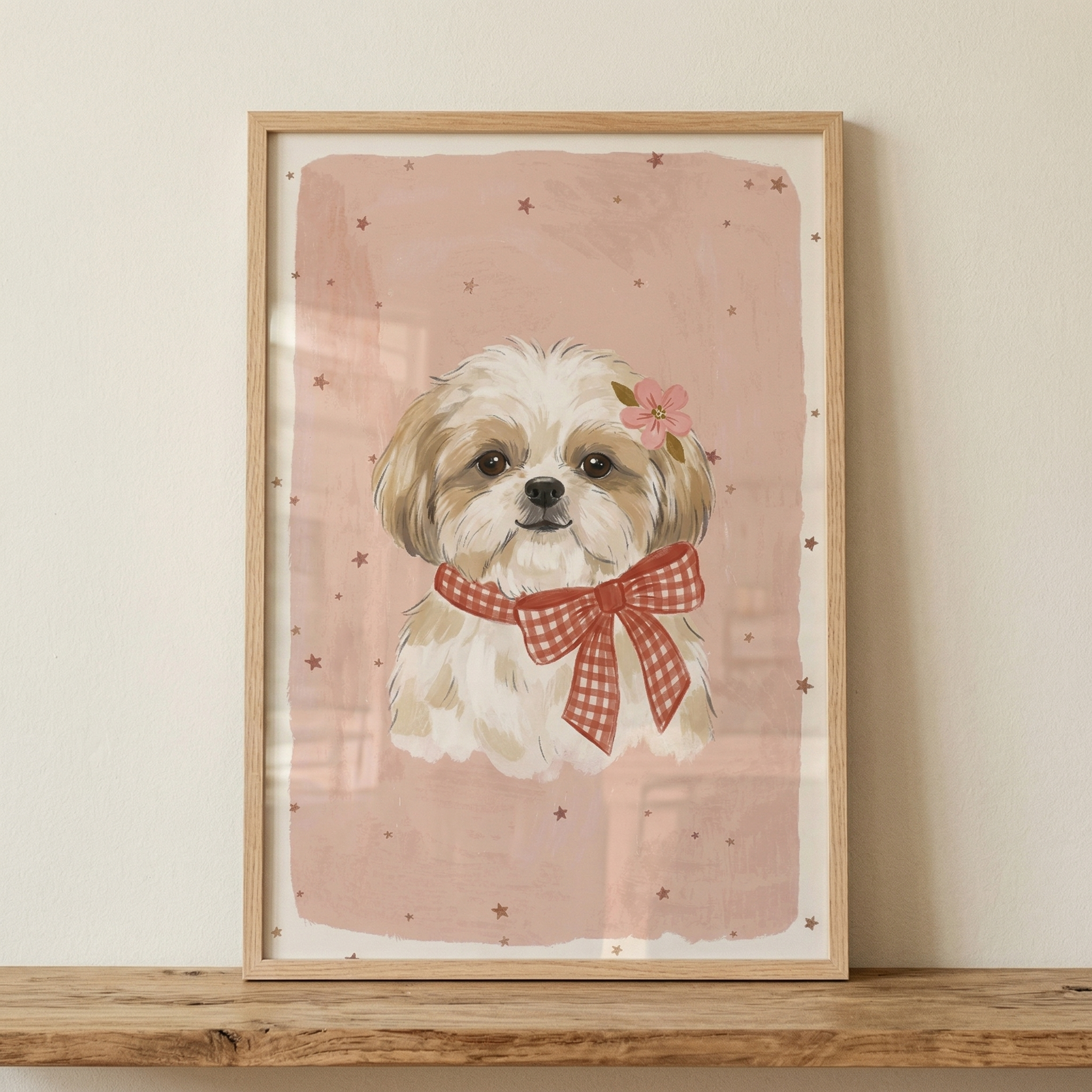 Red Checkered Bow Shih Tzu Artwork - Pretty Puppy Portrait
