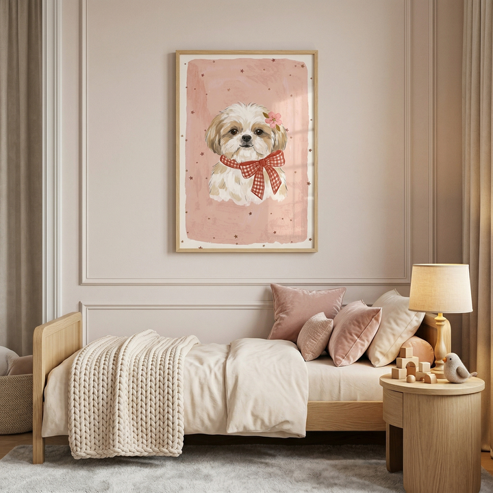An elegantly decorated child's bedroom features a soft, neutral color palette of creams, blush pinks, and light wood tones. Centered on the paneled wall above a light wood bed is a large framed artwork showing a cute, fluffy brown and white dog adorned with a pink flower and a red-and-white checkered bow. The bed is layered with cream-colored linens, a thick knit throw, and several decorative pillows in various shades of pink and beige. 