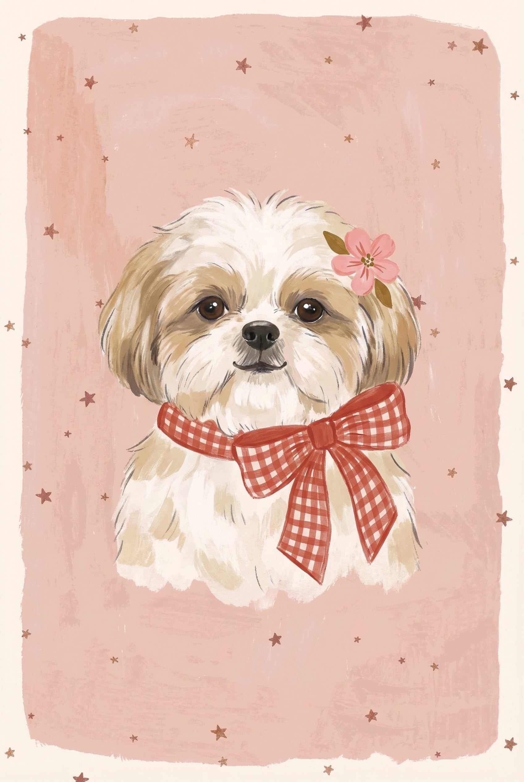 Red Checkered Bow Shih Tzu Artwork - Pretty Puppy Portrait