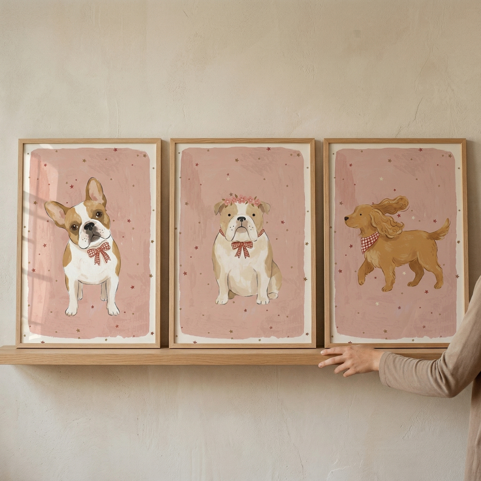 Three light-wood-framed illustrations of dogs are displayed side-by-side on a matching wooden shelf against a neutral wall. Each piece of art features a different breed against a soft pink background dotted with tiny red stars. The leftmost frame shows a small white and tan dog with a red-and-white checkered bow. 