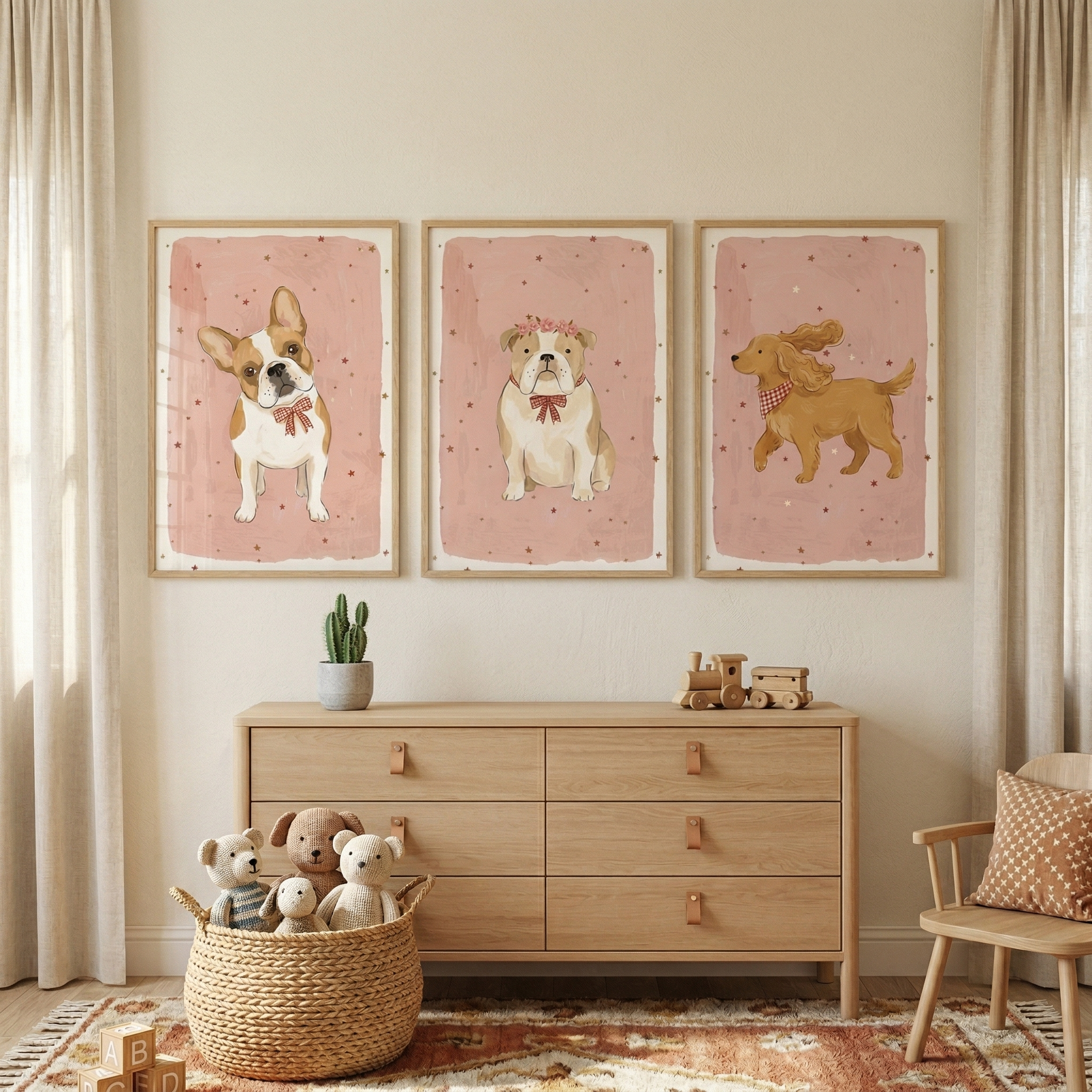 Red Checkered Detail Puppy Wall Art Set of 3 - Pastel Pooch Trio