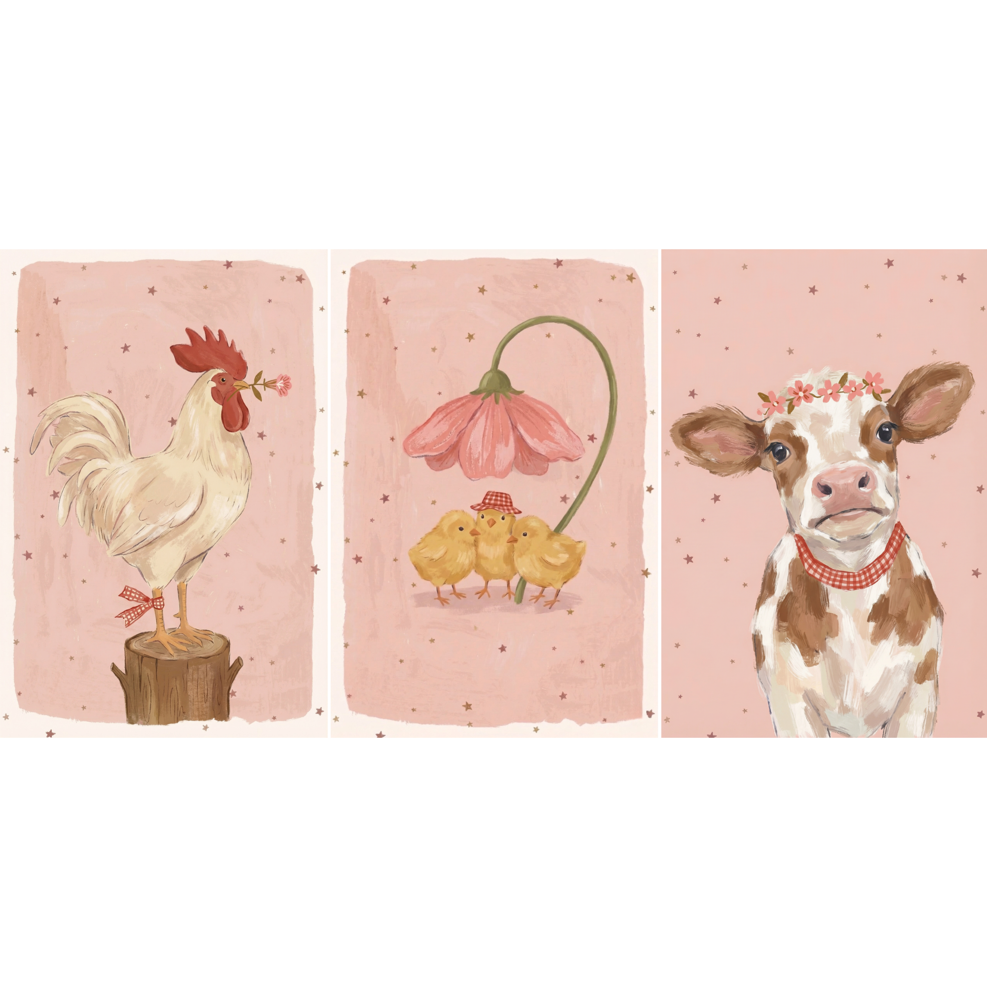 Red Checkered Farm Animals Wall Art Set of 3 - Blush Barnyard Pals