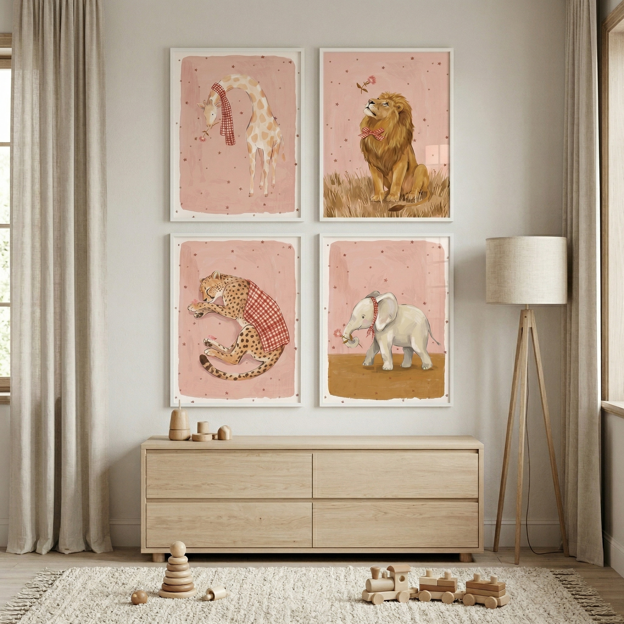 Red Checkered Safari Animals Wall Art Set of 4 - Whimsical Starry Safari