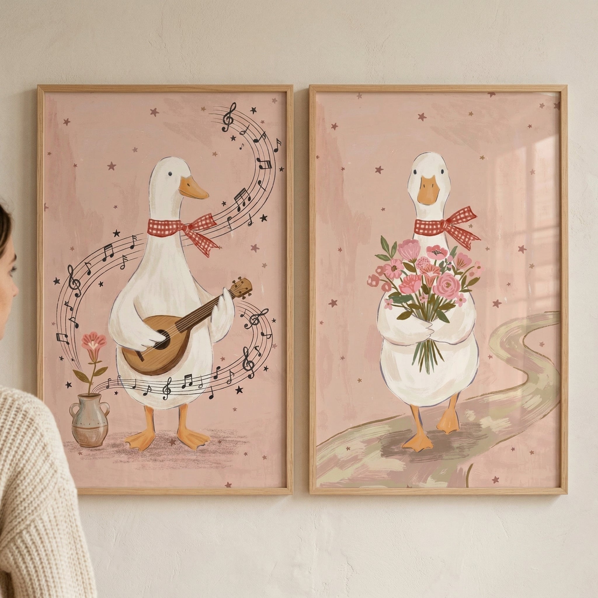 Red Checkered Scarf Duck Wall Art Set of 2 - Sweet Duck Melodies