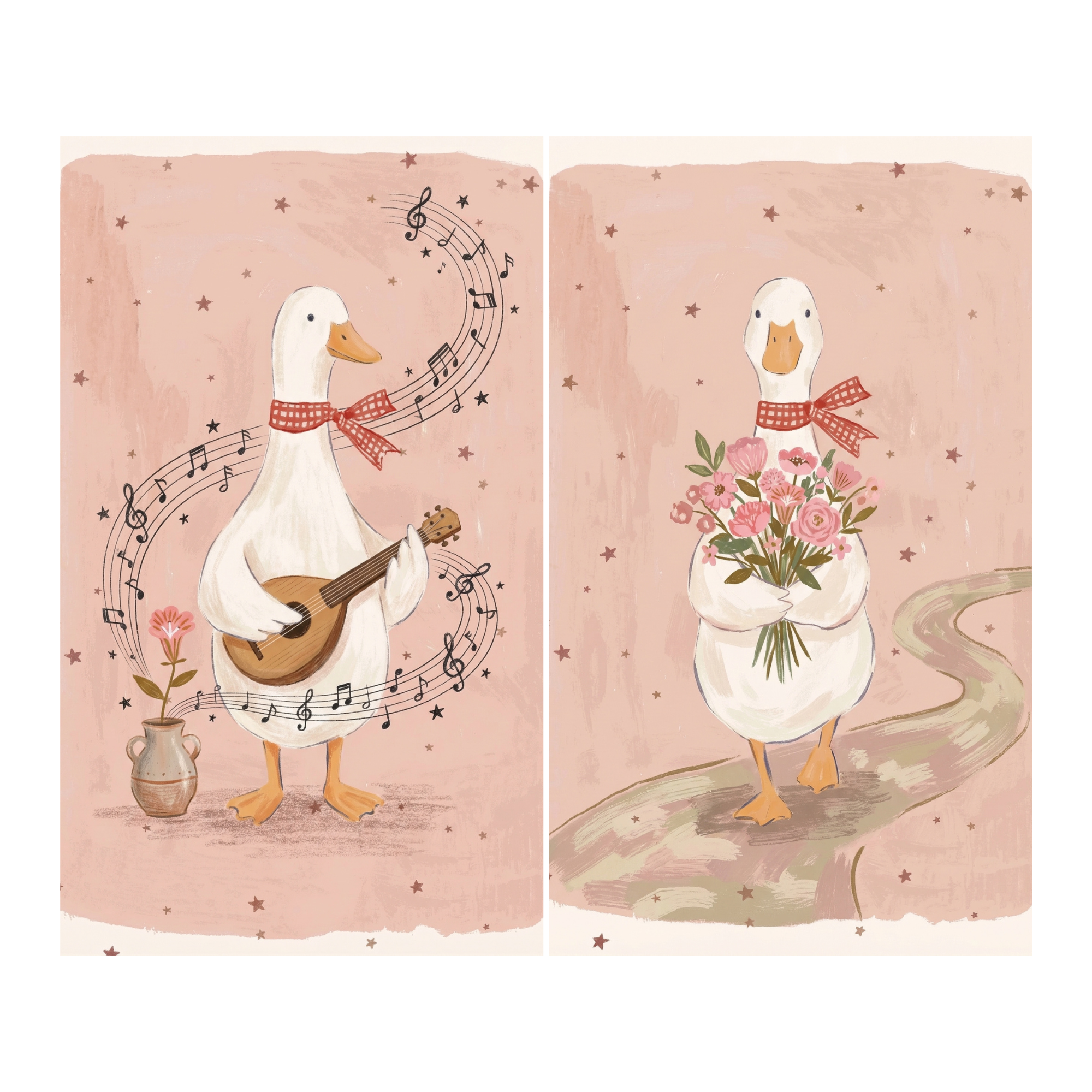 Red Checkered Scarf Duck Wall Art Set of 2 - Sweet Duck Melodies