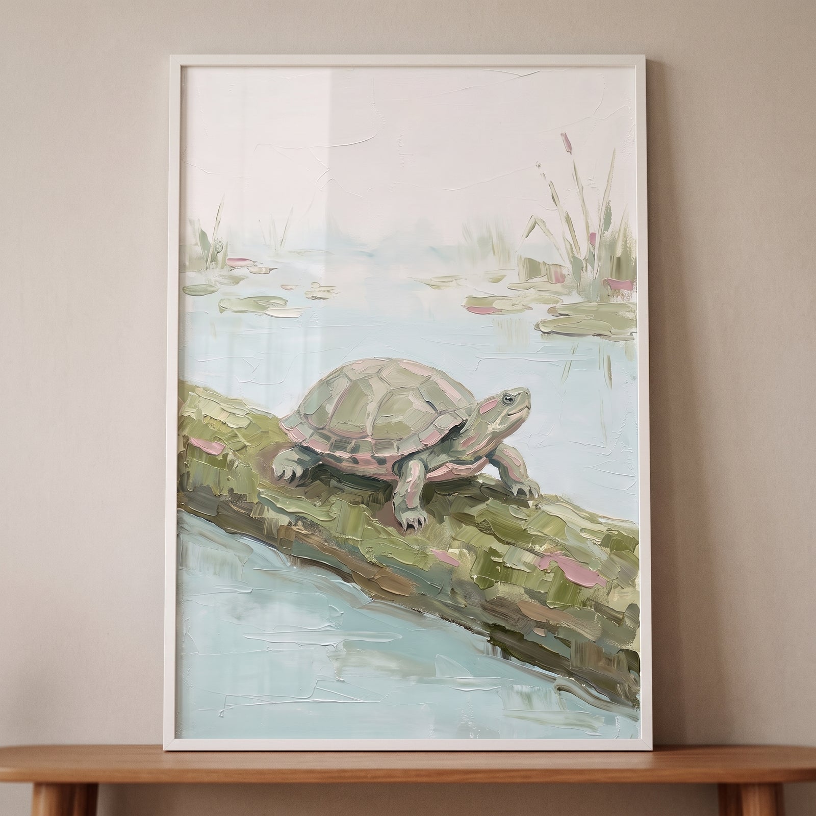 Red eared slider turtle wall art showing a turtle resting on a mossy log in a pond, displayed in a white frame.