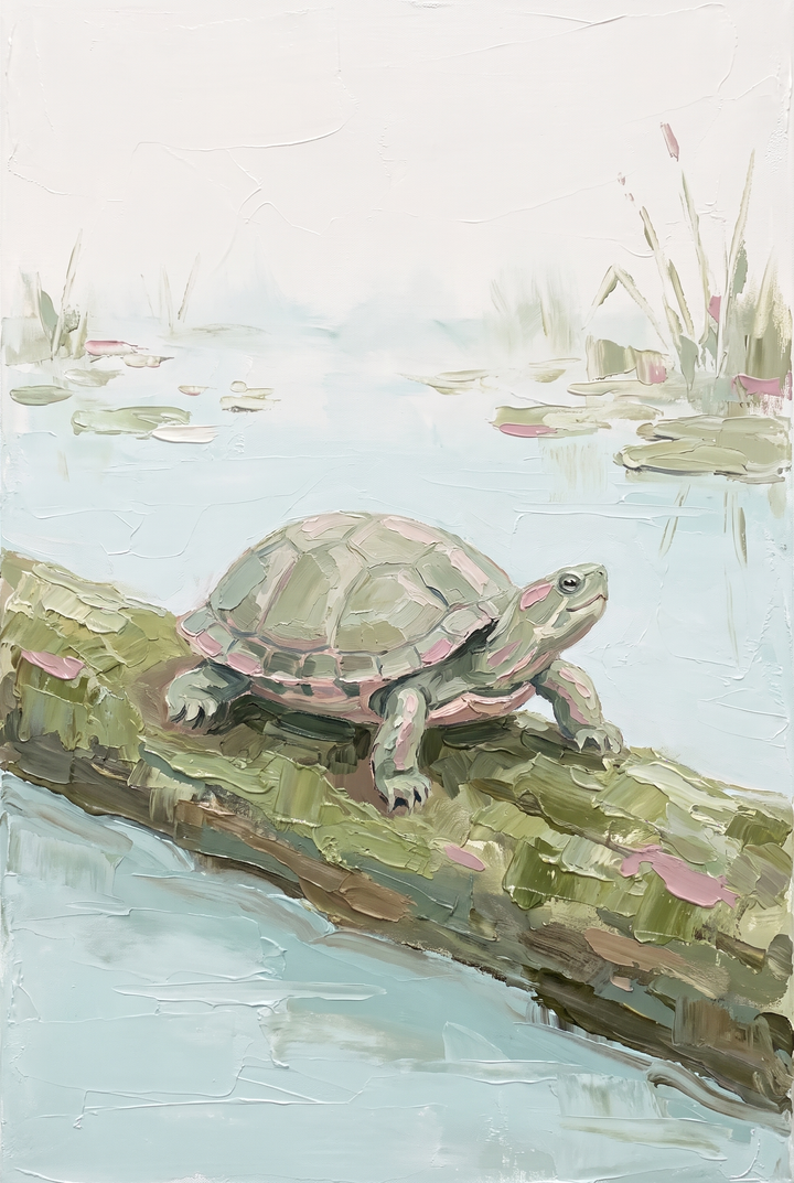 Red eared slider turtle wall art features a textured turtle on a log in a misty pond with soft pink and green tones.