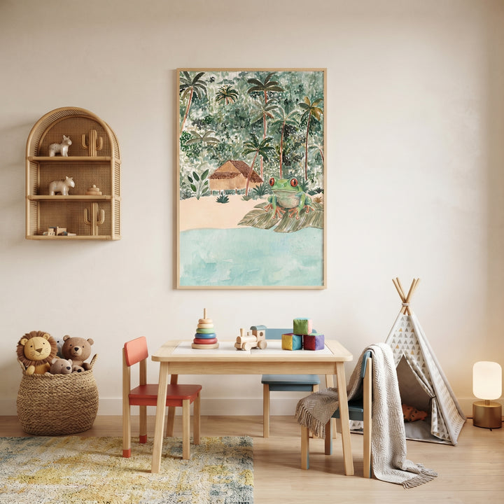 A playroom features a table, teepee, and red eyed tree frog wall art depicting a tropical beach with palm trees.