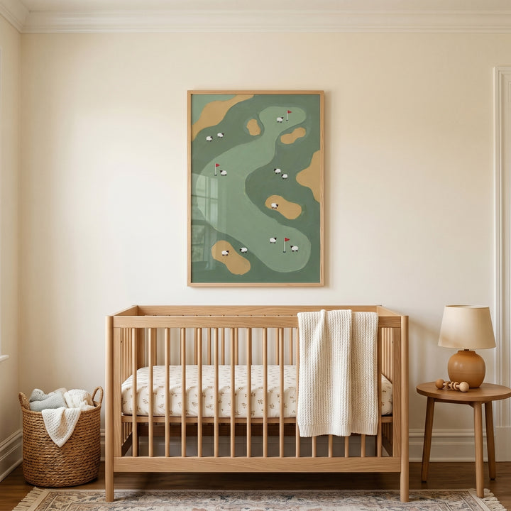 Red flag golf sheep wall art above a wooden crib in a neutral nursery with a lamp on a side table and a woven basket.