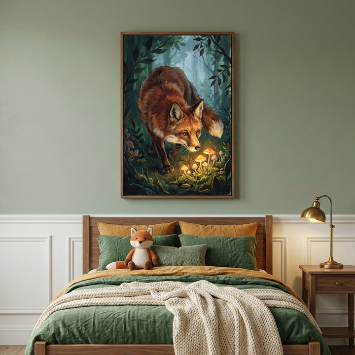 A cozy bedroom features a green wall and a wooden bed frame. The bed is layered with green and orange linens and a textured cream-colored throw, with a small stuffed fox toy resting against the pillows. Centered above the headboard is a framed piece of art depicting a red fox in a dense forest, leaning down toward a cluster of glowing yellow mushrooms. To the right, a brass lamp sits on a wooden nightstand.