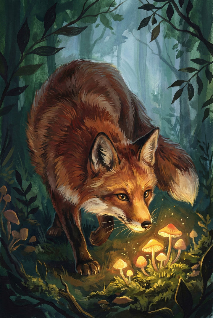 Fantasy-style illustration of a red fox in a misty forest. The fox is intently sniffing a glowing cluster of mushrooms that emit a magical golden light. Surrounding foliage frames the scene, and soft light filters through the trees, enhancing the fox’s fiery fur against the enchanted green forest backdrop.