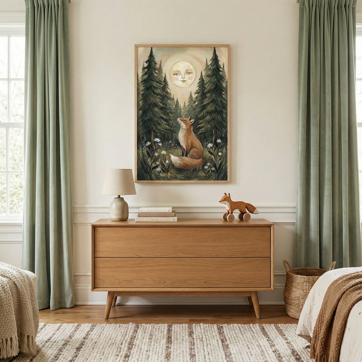 A serene bedroom scene features a light oak dresser centered between floor-length sage green curtains. On the dresser sits a small bedside lamp with a round ceramic base, a stack of books, and a wooden fox toy on wheels. Above the dresser hangs a framed artwork illustrating a fox sitting in a clearing of tall evergreen trees and small white flowers, gazing up at a large moon with a gentle human-like face. A neutral-toned striped rug covers the floor in front of the dresser, and textured blankets are visible