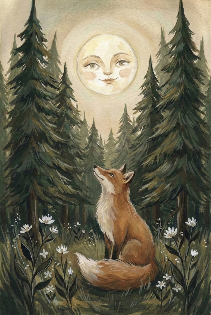 Whimsical folk art-style painting of a red fox sitting in a pine forest, gazing up at a large, glowing full moon with a serene, human-like face. The scene is surrounded by tall evergreen trees and delicate white flowers, creating a peaceful, magical woodland atmosphere.
