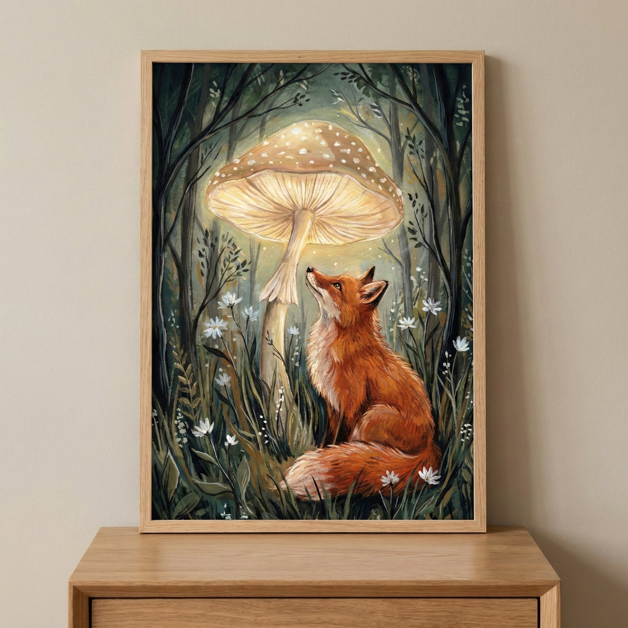 A vertical illustration in a light wood frame of a reddish fox sitting in a dark forest, looking up at a giant, glowing mushroom that illuminates the surrounding greenery and small white flowers.