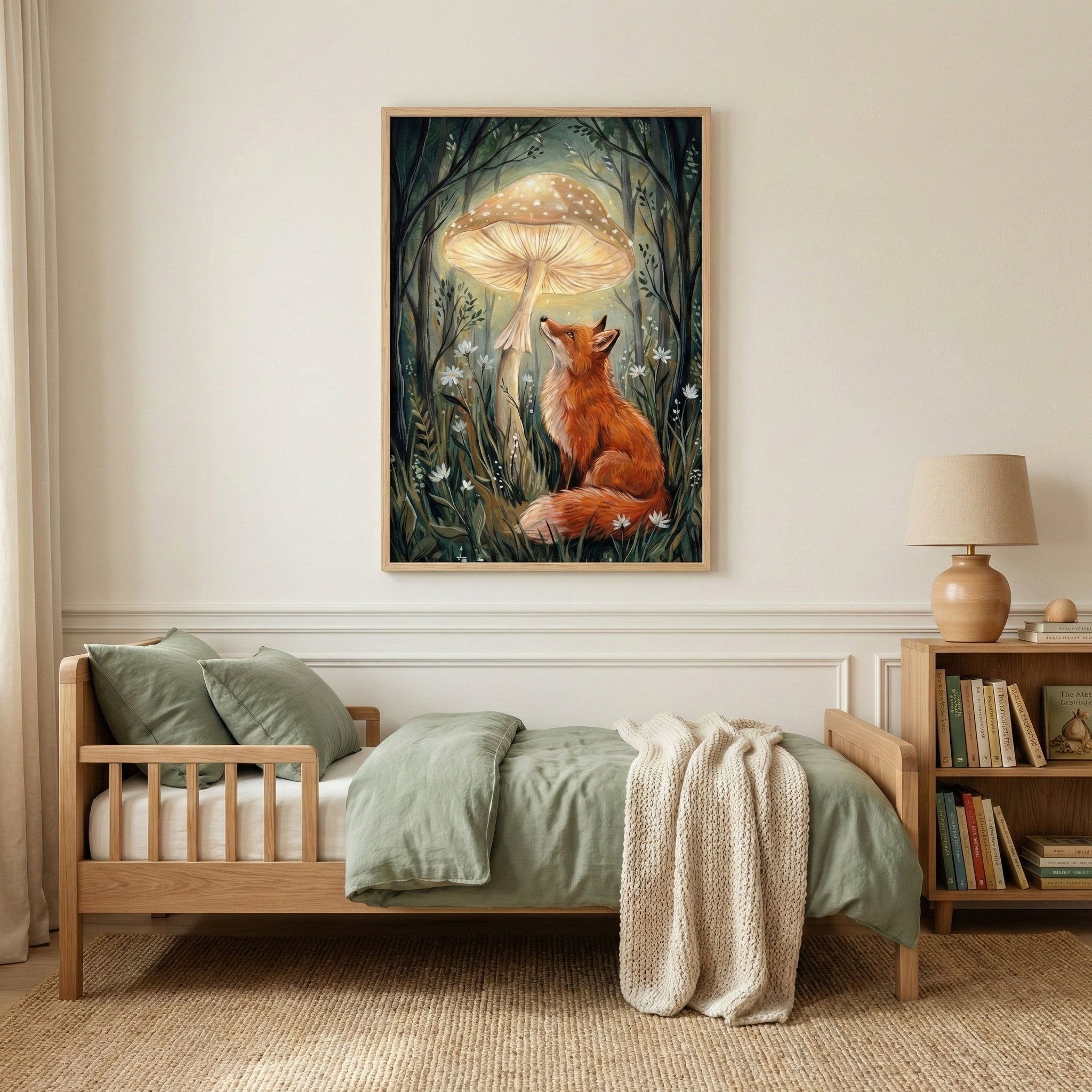 A cozy child's bedroom features a light-wood toddler bed with sage green bedding and two matching pillows. Hanging on the wall above the bed is a large framed illustration of a red fox looking up at a large, glowing mushroom in a dark, whimsical forest filled with small white flowers. To the right of the bed, a matching wooden bookshelf holds various books and is topped with a simple beige lamp. The room is decorated in neutral tones with a woven rug on the floor.
