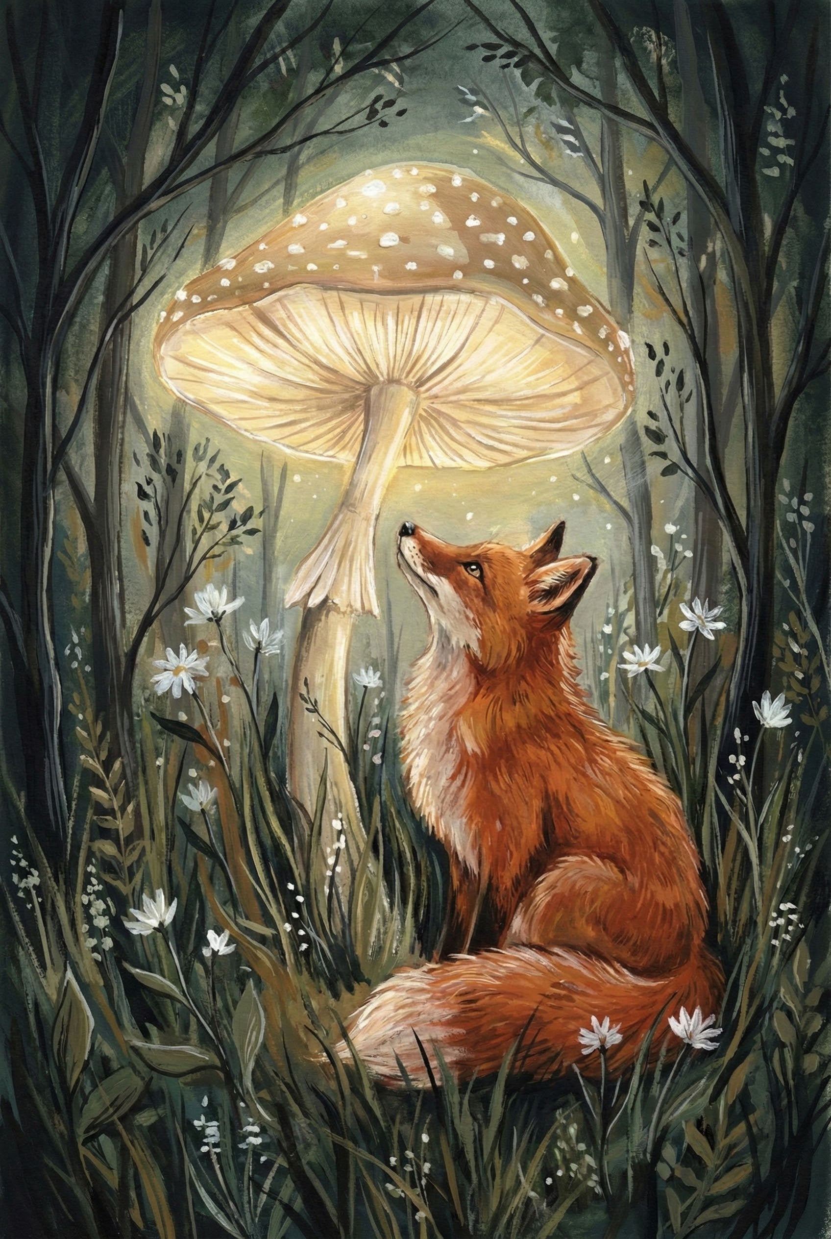 Whimsical illustration of a red fox sitting in a magical forest, gazing up at a giant glowing mushroom. The warm golden light from the mushroom illuminates the fox’s reddish fur and the surrounding tall grass and delicate white flowers. Dark, slender tree trunks frame the scene in a peaceful twilight atmosphere.